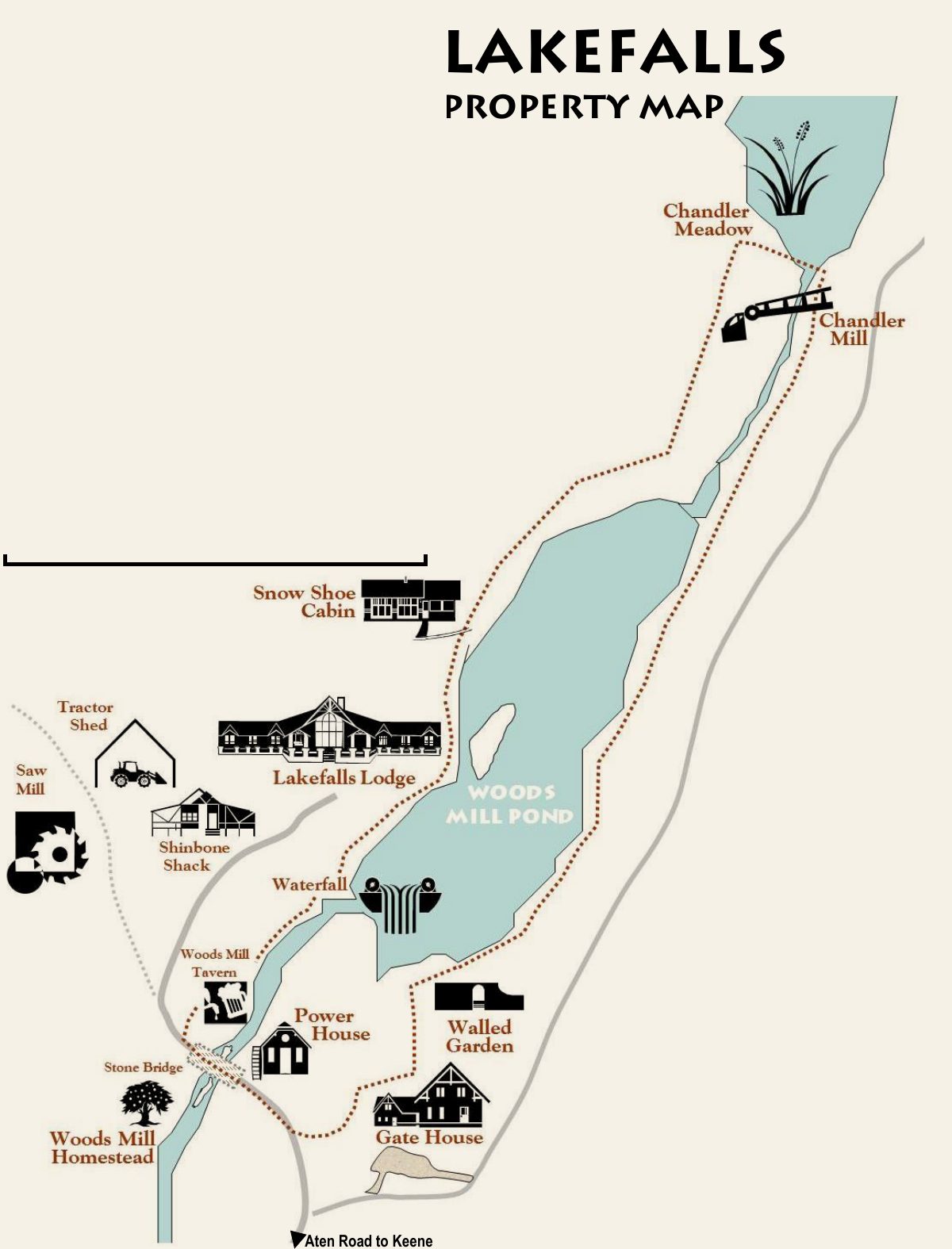 The Lakefalls property map, Woods Mill Pond running northeast to southwest with the Lodge on the west shore